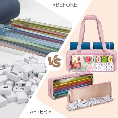Yarwo 3 PCS Mahjong Bag Empty, Clear American Mahjong Tiles & Rack Bags Set | Zippered Game Storage with Mahjong Mat Strap and Sewn Chenille Letter for Mahjong Tiles, Racks & Pushers, Case Only, Pink - color: Pink