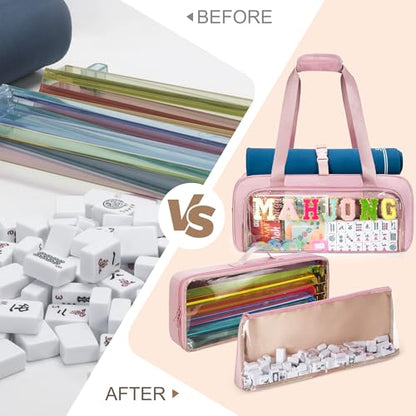 Yarwo 3 PCS Mahjong Bag Empty, Clear American Mahjong Tiles & Rack Bags Set | Zippered Game Storage with Mahjong Mat Strap and Sewn Chenille Letter for Mahjong Tiles, Racks & Pushers, Case Only, Pink - color: Pink