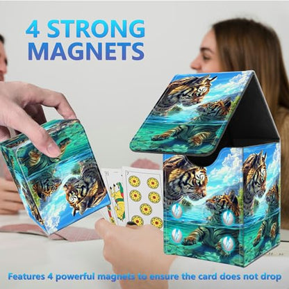 Card Deck Box for Trading Cards,MTG Commander Deck Box Fits 100+ Single Sleeved Cards,Leather Magnetic Card Storage Box for YuGiOh TCG CCG Cards,Cute Tiger - color: Cute Tiger