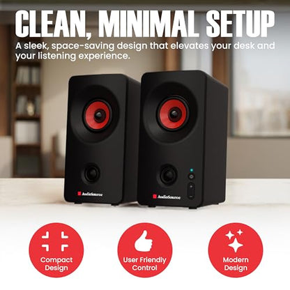 Audiosource Desktop PC Speakers with Bluetooth 5.3, USB-C Plug & Play, 2.0 Stereo Computer Speakers with Dual 2" Drivers, Compact Design, AUX Input, LED Indicator (Black) - color: Black
