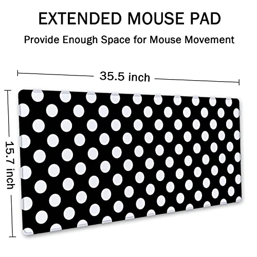 SSOIU Extended Gaming Mouse Pad (35.5x15.7 in), Large Stable Rubber Base Mousepad with Stitched Edges, Keyboard Mouse Mat Desk Pad for Work, Game, Office, Home - Black and White Polka Dot - color: Black and White Polka Dot