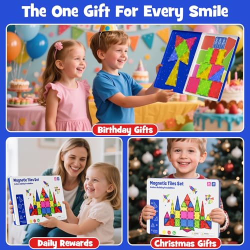 Large Magnetic Tiles for Kids: Durable Jumbo Blocks with Welded Case | 7.5cm tiles for toddlers ages 3-8. Ultrasonic welded safe magnets. Compatible with major brands. STEM Montessori learning toy - size: Large 32 Pcs
