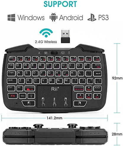 (Backlit Version)Rii RK707 3 in 1 Multifunctional 2.4GHz Wireless Portable Game Controller 62-Key Rechargeable Keyboard Mouse Combo Turbo Vibration Function for PC/Raspberry pi2/Android TV Google/TV B