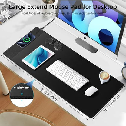 Wireless Charging Mouse Pad, Gaming Mouse Pad with Ultra-Smooth Surface, 31.5”x15.75” Large Desk Mat, Non-Slip Rubber Base, Waterproof Computer Keyboard Pad for Gaming, MacBook, Laptop, Desk - color: Black - 31.5"x15.7" (Wireless Charging)