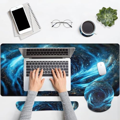 Britimes Blue Black Galaxy Keyboard Mouse Pad Set Desk Ma Space Abstract 4in1 Large Mousepad+Keyboard Wrist Rest+Mouse Wrist Rest+Coaster Ergonomic Design for Home Office Computer 35.4x15.7 inches - color: Blue Black Gold Galaxy