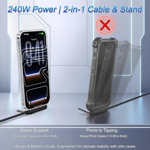 Invisible Holder Charger Cable, 240W PD Fast Charging Cable for Desk, USB-C to USB-C & USB to USB-C Cable 4.9 FT with 360° Adjustable Metal Stand, 2 in 1 Holder Charger for Gaming, Office, Home - size: 2PCS ( 2 USB-C to USB-C )