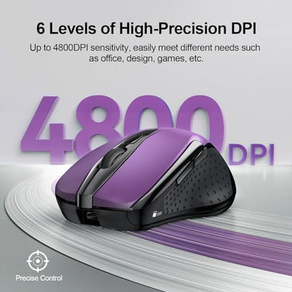 TECKNET Wireless Mouse Rechargeable, 2.4G Computer Mice with USB-A Receiver | 2.4G Connection, 800mAh Battery, 3X Faster Charging, Silent Click, 6-Level 4800 DPI, Ergonomic Design for All-day Comfort - color: Purple