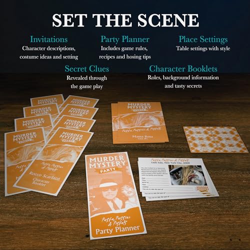 University Games Murder Mystery Party Games - Pasta, Passion & Pistols, Host Your Own Italian Restaurant Murder Mystery Dinner for 8 Players, Solve the Case with Crime Scene Clues, 18 Years and Up