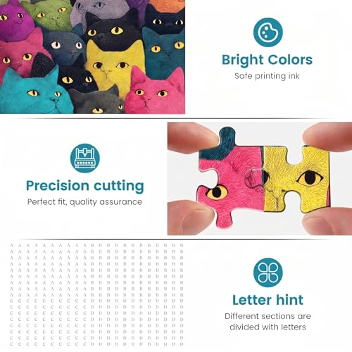 1000 Piece Puzzle for Adults, Colorful Whimsical Cat Faces Illustration, Premium Matte Finish, Thick Blue Cardboard, Fun and Challenging Jigsaw Puzzles for Cat Lovers - color: Rainbow Cats Squad