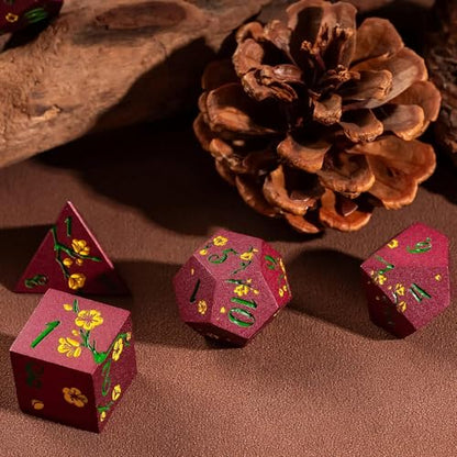 UDIXI Red Metal Dice Set D&D, 7PCS Flower Solid Metal DND Dice Set for RPG | Yellow Flower, Metal Case Packaging, Heavy Metal Dice, D&D Gift, for Dungeons and Dragons Role Playing Games Tabletop Games - color: Flower/Redgreen