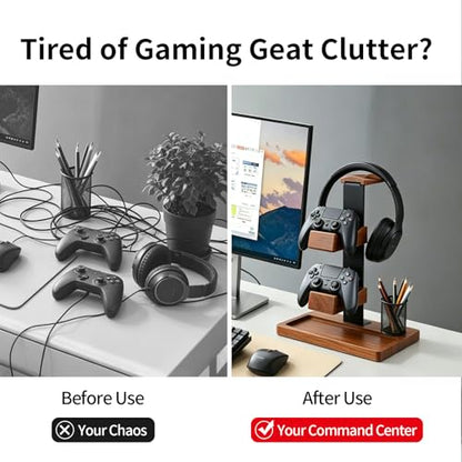 Headset Stand with Gaming Controller Holder, Wood Headphone Stand with Storage Base, Gaming Equipment Accessories for Desk
