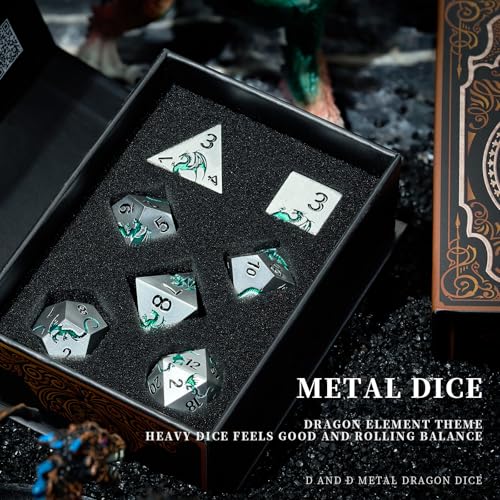 Metal Dragon DND Dice Set,7-Piece RPG Dice,Silver Green | Heavy zinc alloy polyhedral dragon dice with easy-to-read numbers and a magnetic gift box for fantasy tabletop RPG games. - color: Matte Sliver Green