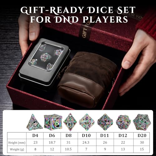 MoKo Dragon Hollow Metal DND Dice Set, Mixed Color | 7 Pcs Polyhedral, D20 D12 D10 D8 D6 D4, For Dungeons and Dragons RPG Games, With Gift Box - color: 4 - Mixed Color