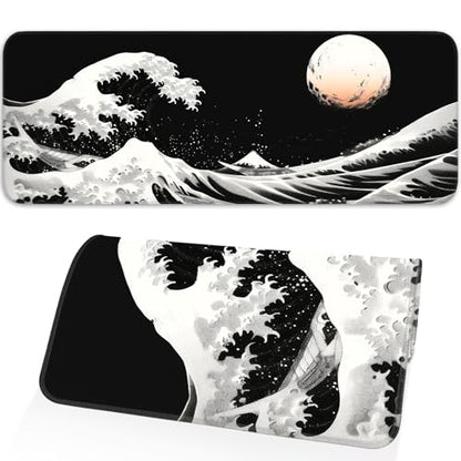 Gaming Mouse Pad, Japanese Mouse Pad, Non-Slip Rubber Base, for Laptop, Office and Home, 31.5x11.8 Inch Desktop Waterproof Desk Pad, Ocean Wave Anime Black Gaming - color: Kanagawa Kuroshio