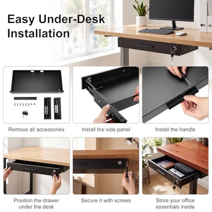 Menkxi 20'' x 9'' Under Desk Drawer Slide Out Storage Organizer, Lockable Metal Desk Drawer for Laptop and Office Accessories, Large Hidden Under Table Storage Box with Cable Management, Black - size: 20'' x 9''
