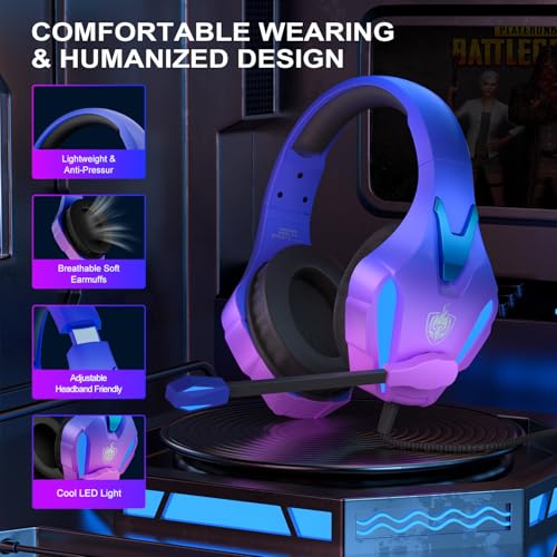 PHOINIKAS PS4 Gaming Headset for PC, Switch, PS5 Headset with 7.1 Stereo Sound, Gaming Headphones with Noise Cancelling Mic, LED Light, Over Ear Headset for Laptop, Mobile (Violet)