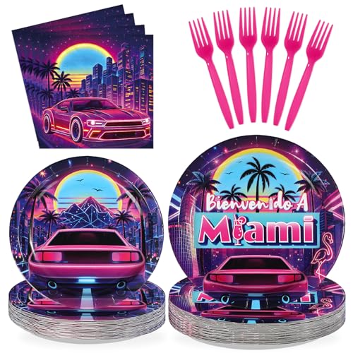 96 Pcs Bienvenido a Miami Party Decorations, Serves 24 | Retro Summer Disco Plates and Napkins Tropical Neon Tableware Set for Miami Birthday Summer Beach Disco Style Pool Party - style: Summer Neon Disco Plates m