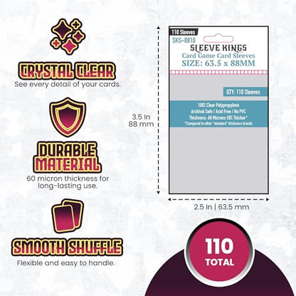 Sleeve Kings Standard Card Sleeves – 110 Count, Clear 60 Micron Thickness, Medium MTG Size (63.5 x 88 mm), Compatible with Magic: The Gathering & More – SKU: SKS-8810 - size: 63.5 x 88 mm, style: Card Game