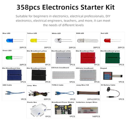 Electronics Component Fun Kit with 830 & 400 tie-Points Breadboard | with Jumper Wire, Power Supply Module, 4x4 Keypad, LED Diode, USB Cable, total 358 Items for Arduino, Raspberry Pi