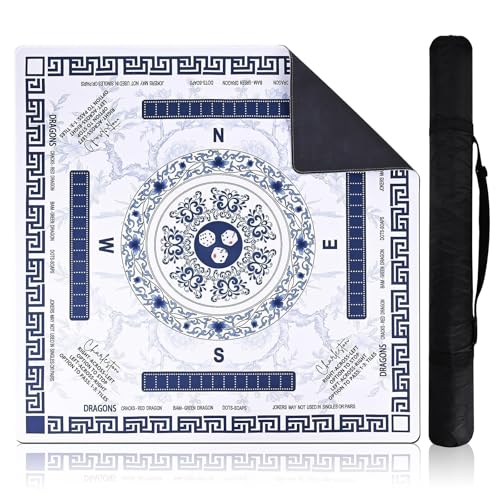 Blue Mahjong Mat for Table 31.5" x 31.5", Neoprene American Mahjong Table Mat with Rules Print, Non Slip Waterproof Mahjong Mat with Carry Bag for Mahjong, Poker & Board Games