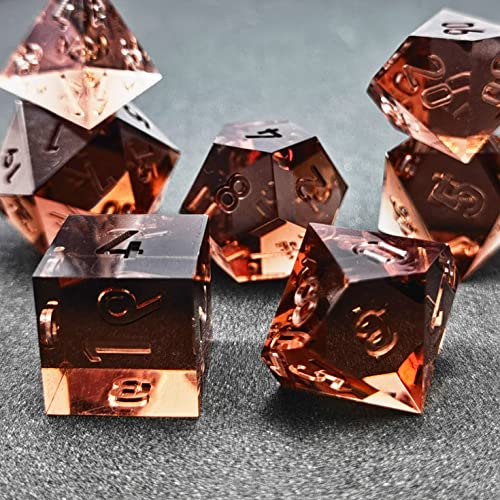 Bescon Crystal Clear (Unpainted) Sharp Edge DND Dice Set of 7, Razor Edged Polyhedral D&D Dice Set for Dungeons and Dragons Role Playing Games, Coffee Color - color: Coffee