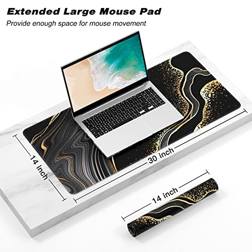 Extended Gaming Mouse Pad, XXL Large Desk Pad 30 x 14 Inch, Big Computer Keyboard Mousepad, Waterproof Mouse Mat with Stitched Edges and Non-Slip Base for Women Office Gaming, Black Marble - color: Black Marble