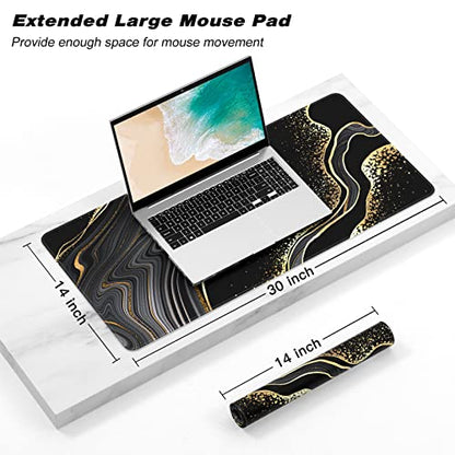 Extended Gaming Mouse Pad, XXL Large Desk Pad 30 x 14 Inch, Big Computer Keyboard Mousepad, Waterproof Mouse Mat with Stitched Edges and Non-Slip Base for Women Office Gaming, Black Marble - color: Black Marble