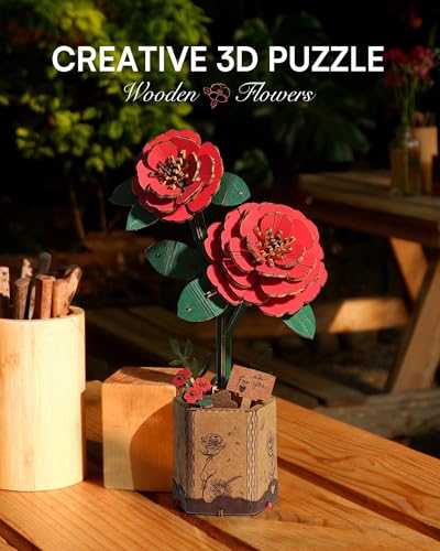 3D Flower Wooden Puzzles for Adults-Red Camellia, DIY Wooden Flowers Model Kit Building Set Crafts Birthday Gifts, Artificial Botanical Collection Creative Gift Idea/Housewarming (113PCS) - style: TW - Red Camellia