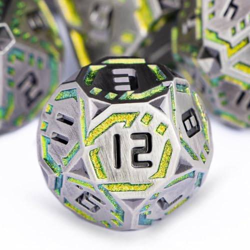 Metal DND Sci-fi Dice Set 7PCS Stripe Polyhedral Dice for Dungeons Dragons RPG Role Playing Game, Glitter D and D Dice with Gift Box D6 D8 D10 D12 D20 (Grey&Green Yellow) - color: Silver Gray - Yellow Green