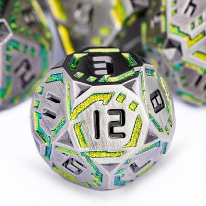 Metal DND Sci-fi Dice Set 7PCS Stripe Polyhedral Dice for Dungeons Dragons RPG Role Playing Game, Glitter D and D Dice with Gift Box D6 D8 D10 D12 D20 (Grey&Green Yellow) - color: Silver Gray - Yellow Green