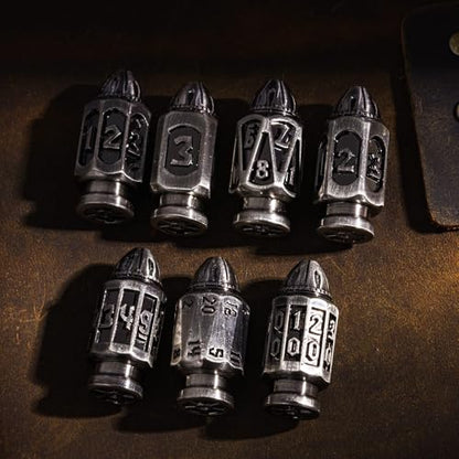 UDIXI Metal DND Dice Set, D&D Solid Polyhedral Bullet Metal Dice Set Nickel | 7PCS, Cool Design, Magazines Container and PU Leather Bag, for Dungeons and Dragons Role Playing Games and Tabletop Games RPG - color: Ancient Silver