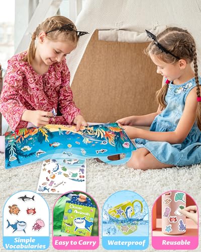 Walenced Reusable Sticker Book for Toddlers, Travel Stickers for Kids, Toddler Craft Activities Toys, Birthday Gifts for Boys & Girls - style: Marine Animal