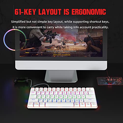 Snpurdiri Wired 60% Mechanical Gaming Keyboard, Blue Switch Anti-Ghosting 61 Key Keyboard with RGB Backlit and Double Foot, Ultra-Compact White - color: White/Blue Switch