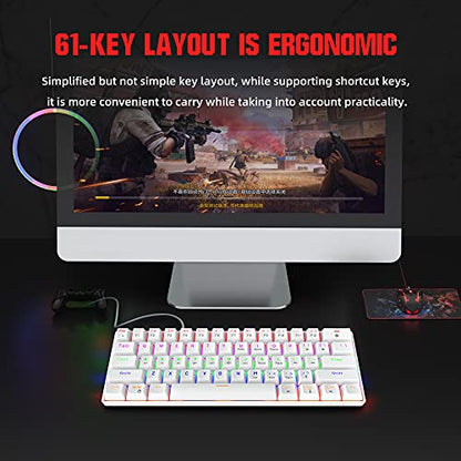 Snpurdiri Wired 60% Mechanical Gaming Keyboard, Blue Switch Anti-Ghosting 61 Key Keyboard with RGB Backlit and Double Foot, Ultra-Compact White - color: White/Blue Switch