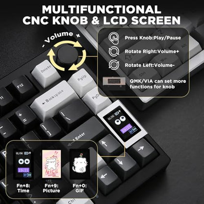 YUNZII AL80 75% Wireless Aluminum Mechanical Keyboard(Black, Cocoa Cream) | QMK/VIA, Smart LCD Display and Knob, Hot Swap, Gasket Structure, BT/2.4G/USB-C, RGB Keyboard for Gaming/Win/Mac - color: Black, size: Cocoa Cream V2 Switch