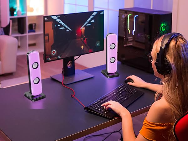 NJSJ Computer Speakers for Desktop, 20W Hi-Fi Stereo Gaming Speakers with Bluetooth & 3.5mm Aux-in Connection, Controllable RGB Lights, AC Adapter Powered PC Speakers for Laptop, Monitors, Phones, TV