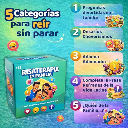 Risaterapia en Familia - Juego de Mesa Familiar en Español, 200 Cartas, 5 Categorías para Reír y Conectar. Spanish Games for Family 13+. Perfecto Como juegos familiares Divertidos.