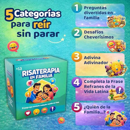 Risaterapia en Familia - Juego de Mesa Familiar en Español, 200 Cartas, 5 Categorías para Reír y Conectar. Spanish Games for Family 13+. Perfecto Como juegos familiares Divertidos.