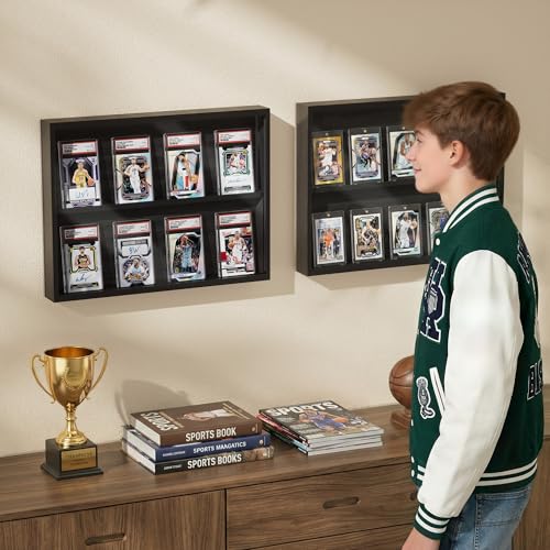 Emfogo Card Display Case, Trading Card Display with Clear View, Wooden Graded Sports Card Display Case Wall Mounted, Baseball Card Display Frame for Trading Card Collection (1 Pack-Black) - size: 2-Layer 1 Pack