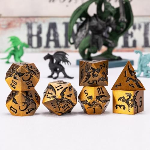Metallic DND Dragon Dice Set,Sharp Edge Metal Polyhedral Dice with Dragon for Dungeons and Dragons RPG TTRPG D&D 7-Die Set with Gift Case - color: Dragon-antique Gold