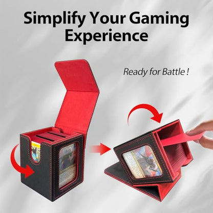 MTG Deck Box with Commander Display,Magnetic Card Storage Box Fits 100 Double Sleeved Cards,with 2 Dividers And 1 Mini Snap Card Holder Black/Red - color: Black/Red