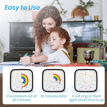 Rainbow Visual Timer for Kids, 60-min Countdown Timer, Black | Protective Case, No Ticking, Mute and Ringing Alarm Available, Time Management Tool, Low Power Reminder, for Study,Game,Work - color: Black Rainbow