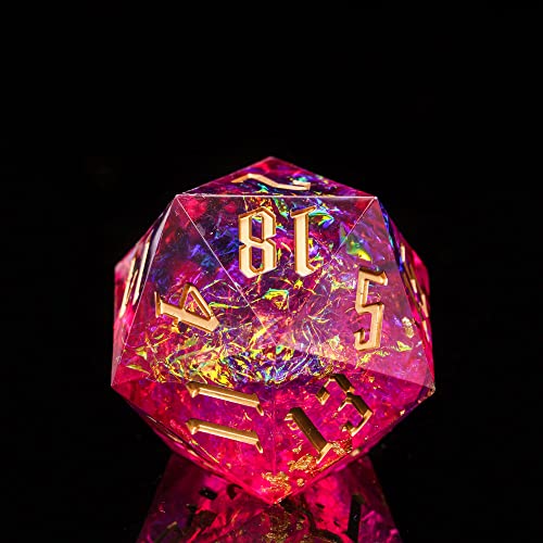 Cusdie Single D20 DND Dice with Sharp Edges and Glitter Foil Inclusions, 20 Sided D&D Dice, 33mm Handcrafted, for Role Playing Game (Red) - color: Red