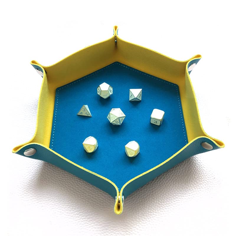 Bescon Hexagon Folding PU Leather and Velvet Dice Tray, Portable Dice Holder for DND, RPG, MTG Dice Gaming D&D and Other Table Games, Blue&Yellow - color: Blue&yellow