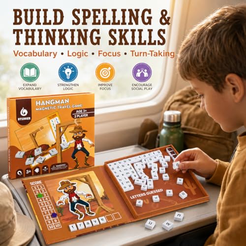 Magnetic Hangman Game for Kids Ages 4-10, Reusable Travel Word Game, Screen-Free Learning Toy for Road Trips, Airplane Activities and Car Rides - style: Hangman Game