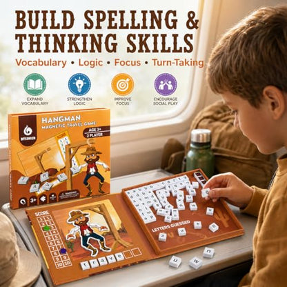 Magnetic Hangman Game for Kids Ages 4-10, Reusable Travel Word Game, Screen-Free Learning Toy for Road Trips, Airplane Activities and Car Rides - style: Hangman Game