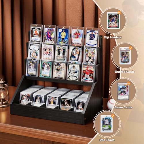 Emfogo Trading Card Display, 3-Tier Card Display Stand with 5-Row Storage, Wooden Graded Card Display with Card Stoppers, Large Capacity Sports Card Display Case for Card Game Collection (Black) - color: Black