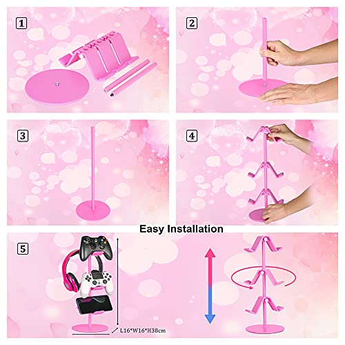 Controller Holder Pink,Headphone Stand,3 Tier Multi Adjustable Game Controller Headset Hanger for All Universal Gaming PC Accessories, Xbox PS4 PS5 Nintendo Switch(Cute Pink) - color: Cute Pink