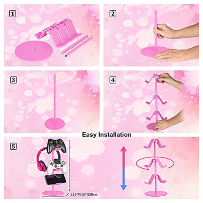 Controller Holder Pink,Headphone Stand,3 Tier Multi Adjustable Game Controller Headset Hanger for All Universal Gaming PC Accessories, Xbox PS4 PS5 Nintendo Switch(Cute Pink) - color: Cute Pink