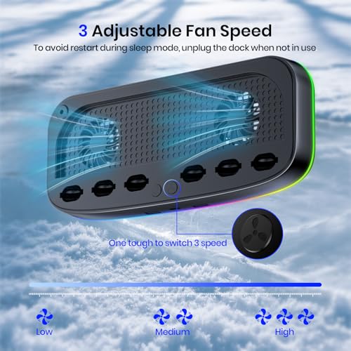 NEWDERY Cooling Fan for Nintendo Switch 2 Dock, Dual-Fan Cooling Stand | 3 Adjustable Speeds, RGB Light Modes, 6 Game Card Slots and 3 USB Ports for Cooling Control, Storage and Easy Expansion